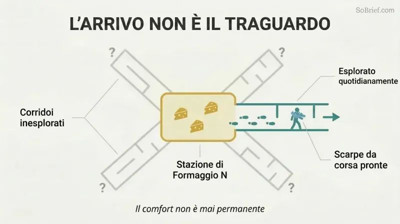 Hub-and-spoke diagram showing a figure venturing outward from an abundant home base into unexplored maze corridors, with running shoes ready around their neck.