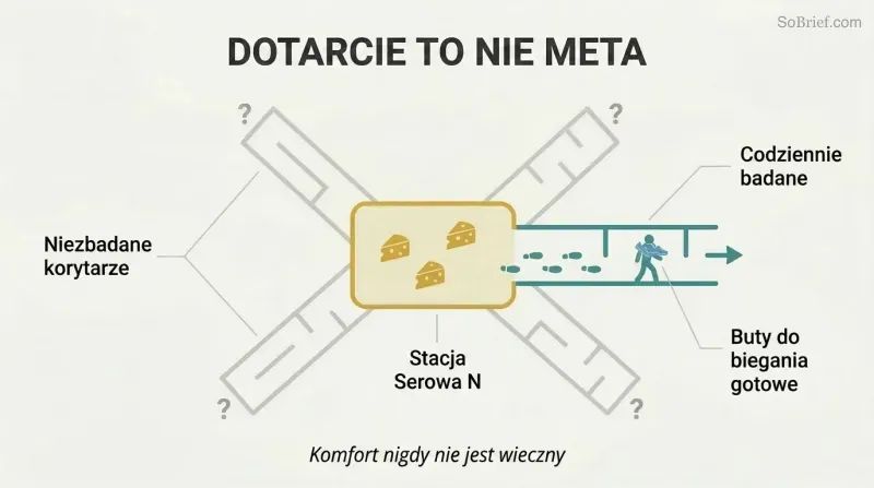 Hub-and-spoke diagram showing a figure venturing outward from an abundant home base into unexplored maze corridors, with running shoes ready around their neck.