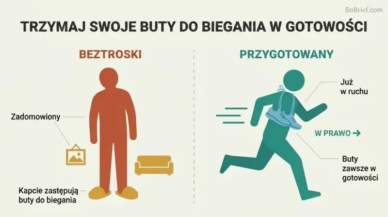 Split panel comparing a complacent figure in slippers surrounded by comfort items against a prepared figure with running shoes around its neck, already in motion.