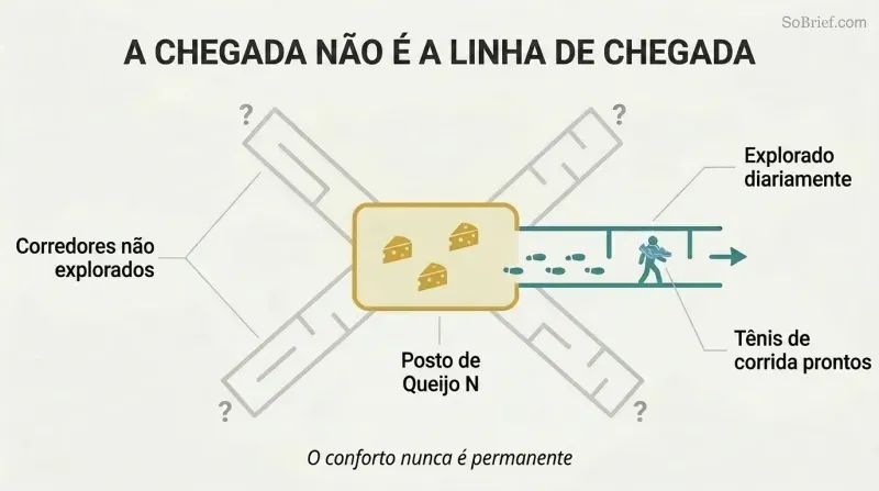 Hub-and-spoke diagram showing a figure venturing outward from an abundant home base into unexplored maze corridors, with running shoes ready around their neck.