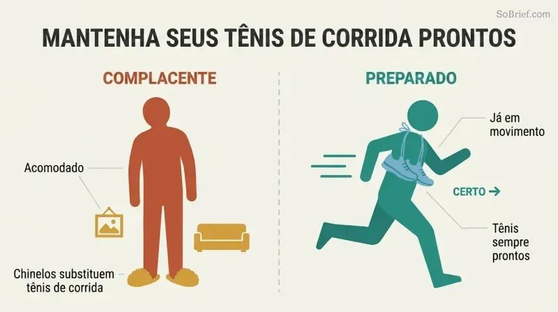Split panel comparing a complacent figure in slippers surrounded by comfort items against a prepared figure with running shoes around its neck, already in motion.