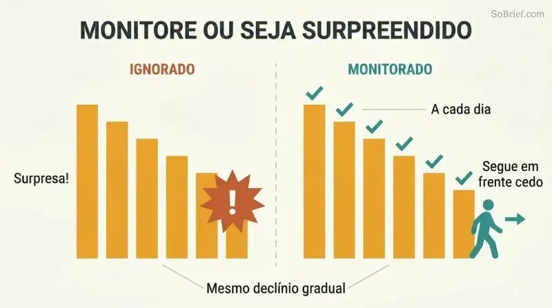 Split panel comparing identical declining bar charts — one ignored leading to shock, one regularly monitored leading to calm preparation.