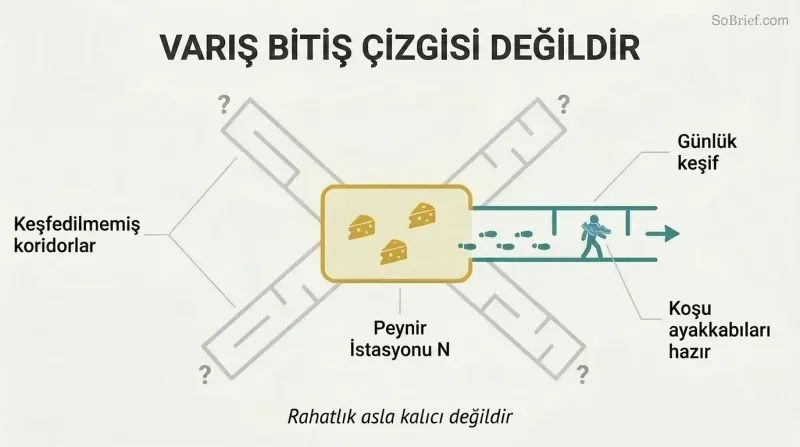 Hub-and-spoke diagram showing a figure venturing outward from an abundant home base into unexplored maze corridors, with running shoes ready around their neck.