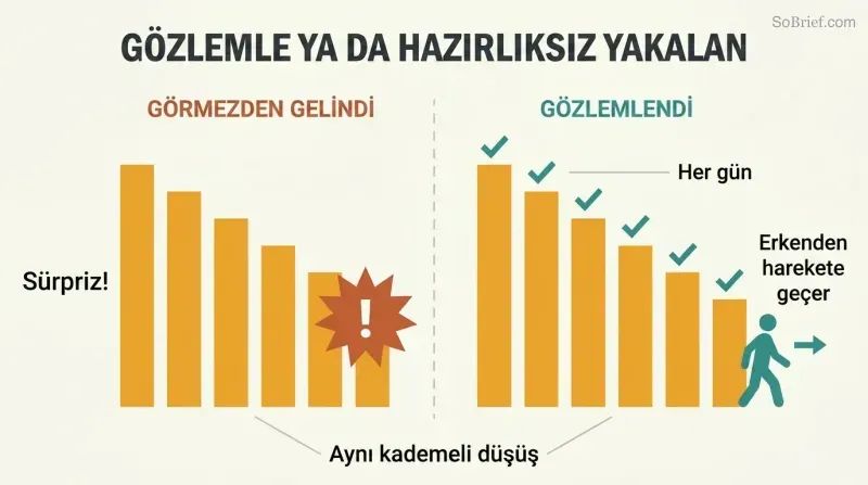 Split panel comparing identical declining bar charts — one ignored leading to shock, one regularly monitored leading to calm preparation.
