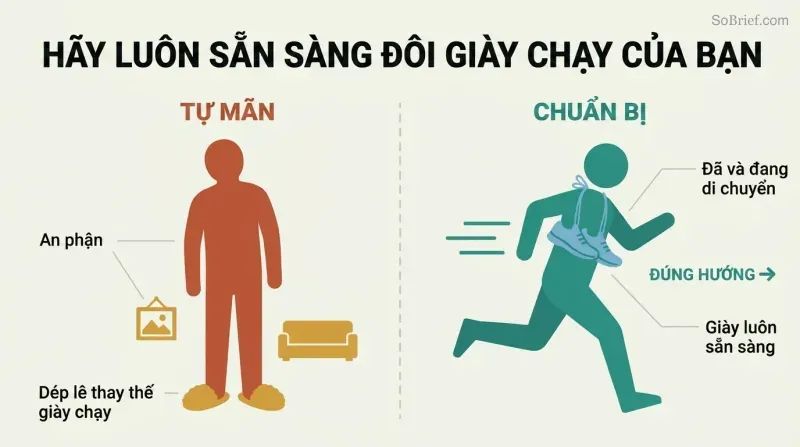 Split panel comparing a complacent figure in slippers surrounded by comfort items against a prepared figure with running shoes around its neck, already in motion.