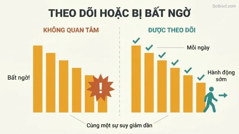 Split panel comparing identical declining bar charts — one ignored leading to shock, one regularly monitored leading to calm preparation.