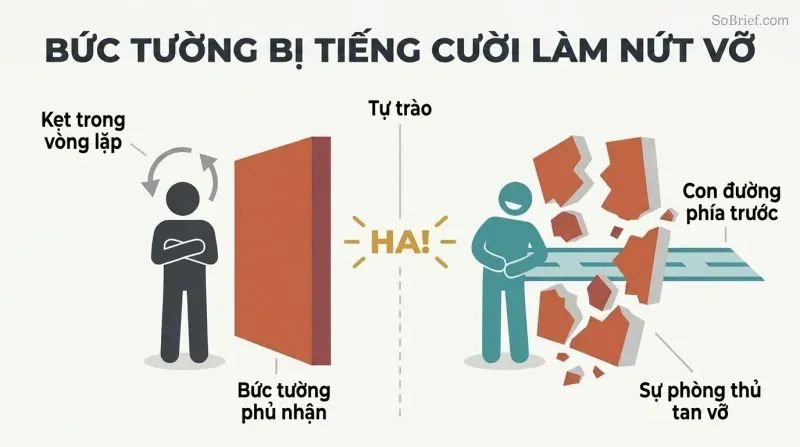 Split panel showing a rigid figure blocked by a solid wall of denial on the left, and the same figure laughing on the right as the wall cracks open to reveal a clear path forward.