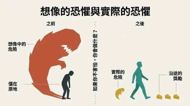 Split panel contrasting a small figure dwarfed by an enormous shadow on the left with a walking figure trailed by a tiny shadow on the right, divided by a pivotal question.