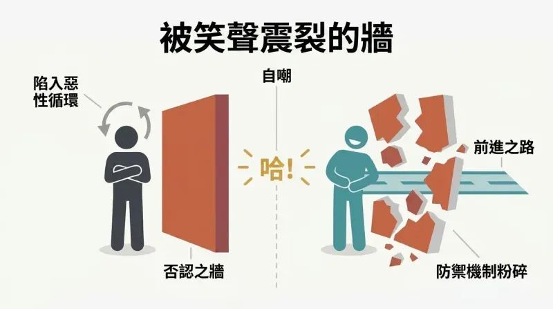 Split panel showing a rigid figure blocked by a solid wall of denial on the left, and the same figure laughing on the right as the wall cracks open to reveal a clear path forward.