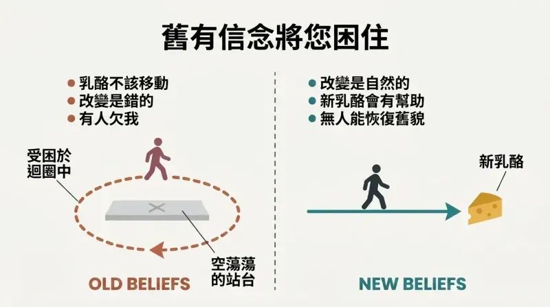 Split panel contrasting a figure trapped in a loop around an empty station on the left with a figure moving forward toward new cheese on the right.