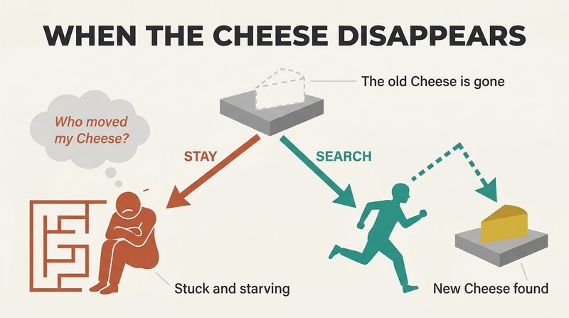 Fork diagram showing an empty station splitting into two paths: standing still leads to stagnation while searching the maze leads to new cheese.