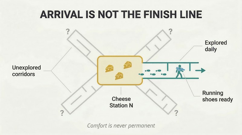 Hub-and-spoke diagram showing a figure venturing outward from an abundant home base into unexplored maze corridors, with running shoes ready around their neck.