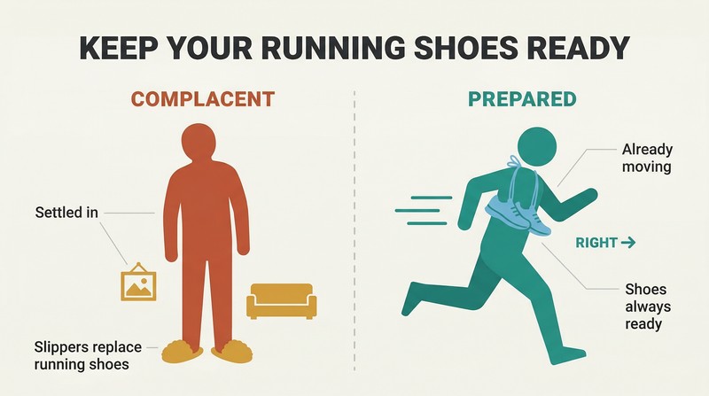 Split panel comparing a complacent figure in slippers surrounded by comfort items against a prepared figure with running shoes around its neck, already in motion.