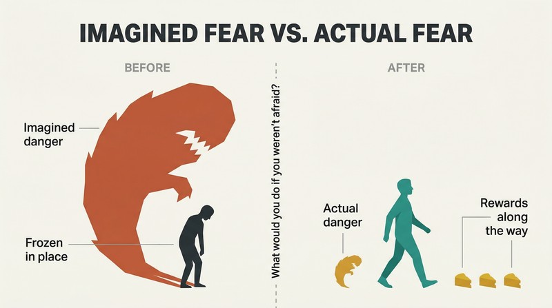 Split panel contrasting a small figure dwarfed by an enormous shadow on the left with a walking figure trailed by a tiny shadow on the right, divided by a pivotal question.