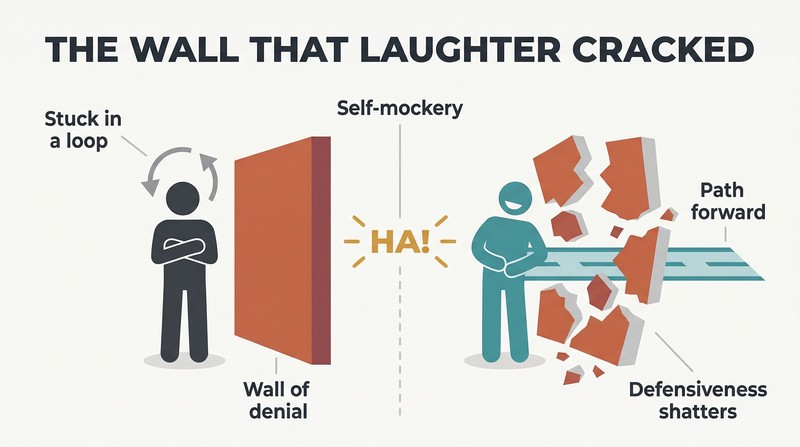 Split panel showing a rigid figure blocked by a solid wall of denial on the left, and the same figure laughing on the right as the wall cracks open to reveal a clear path forward.