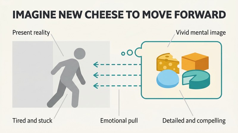Gray silhouette figure leaning forward toward a vivid colorful thought projection of cheese, with pull lines showing the mental image creating forward momentum.