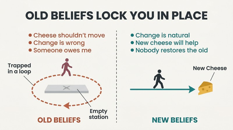 Split panel contrasting a figure trapped in a loop around an empty station on the left with a figure moving forward toward new cheese on the right.