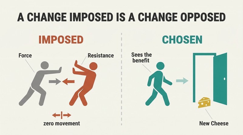 Split panel contrasting a figure futilely pushing a resistant person against a figure who walks freely through an open door toward new cheese.