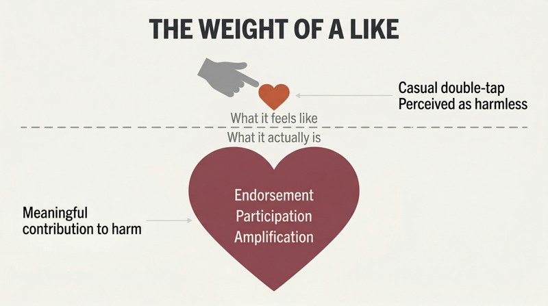 Iceberg diagram showing a small social media heart icon above a dividing line and a massive weighted heart below, revealing that a casual like carries real impact.