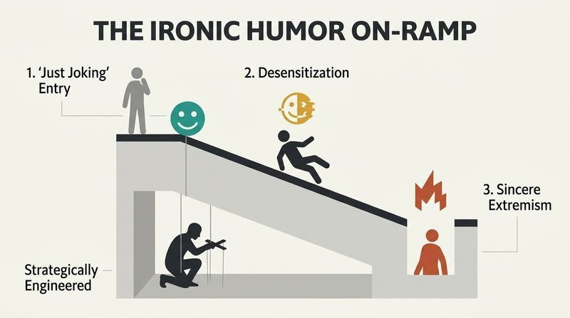 A schematic showing how "just joking" online memes act as a deliberate sloping funnel leading users to real extremist hatred.