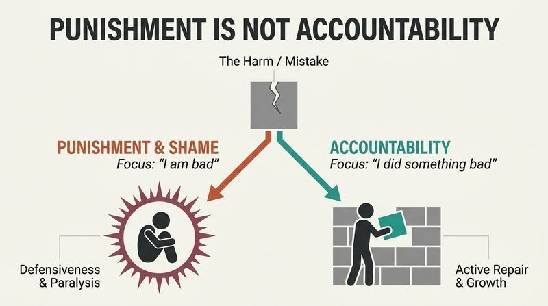 Fork diagram showing how responding to a mistake with punishment and shame leads to isolation and defensiveness, while responding with restorative accountability leads to active repair and behavioral growth.