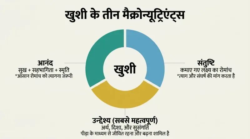 A three-part donut chart depicting the balance of enjoyment, satisfaction, and purpose needed to construct happiness.