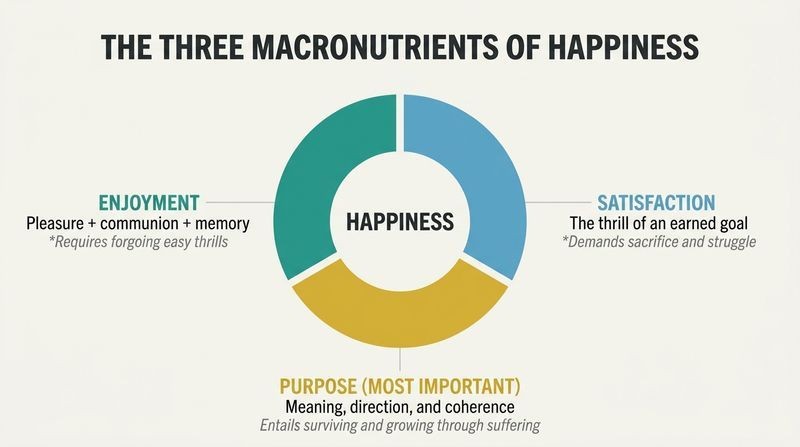 A three-part donut chart depicting the balance of enjoyment, satisfaction, and purpose needed to construct happiness.