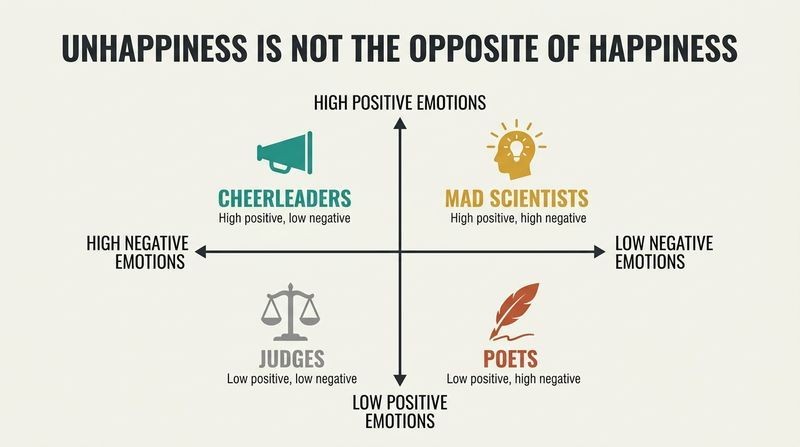 A two-by-two matrix mapping positive and negative emotions as independent axes, categorizing emotional profiles into Cheerleaders, Mad Scientists, Judges, and Poets.