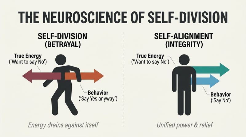 Split-panel diagram contrasting 'Self-Division'—where opposing inner desires and outer behaviors drain personal energy—with 'Self-Alignment' where aligned actions create relief and unified power.