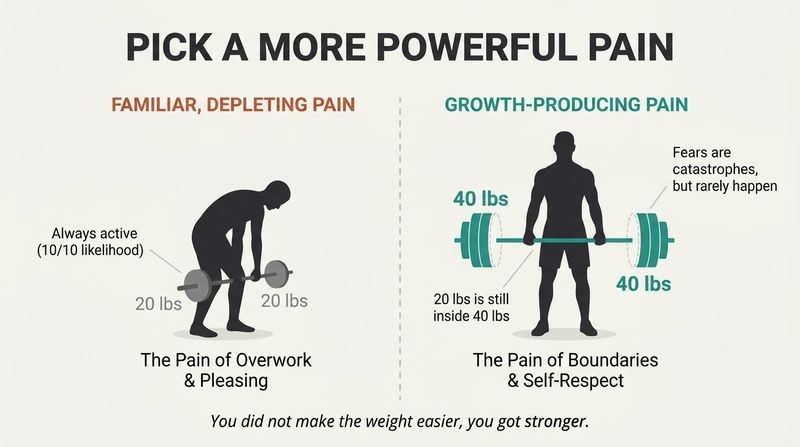 Side-by-side comparison of a figure lifting a depleting 20-pound weight versus a stronger figure lifting a growth-producing 40-pound weight containing the 20-pound weight inside it.