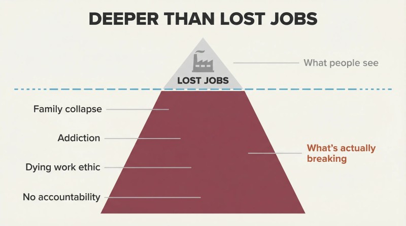 Iceberg showing lost jobs as a small visible tip while family collapse, addiction, and cultural erosion form the vast hidden mass below.