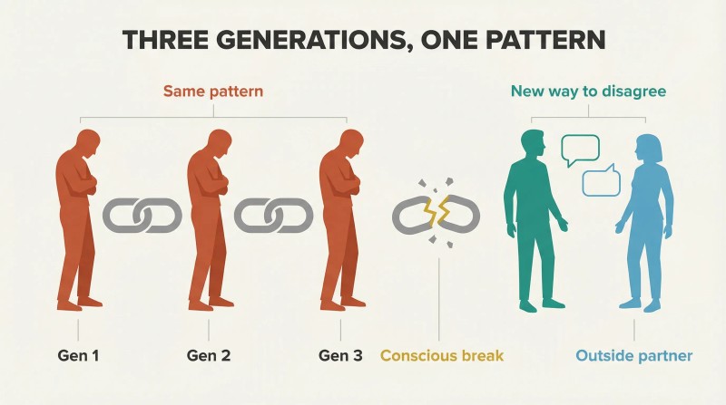 Identical retreating silhouettes connected by a chain across three generations, breaking apart to reveal two figures openly facing each other.