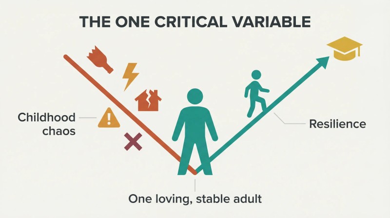 V-shaped life trajectory descending through scattered chaos icons to a single adult figure at the pivot point, then ascending cleanly toward a graduation cap.