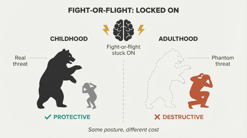 Split panel showing identical defensive responses to a real childhood bear and a phantom bear in adulthood, both driven by the same locked-on alarm.
