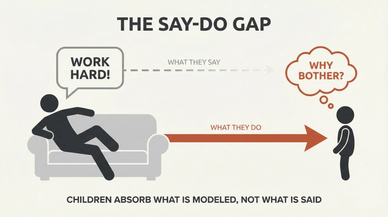 Two-channel transmission showing an adult's spoken words fading before reaching a child while modeled behavior transmits strongly, producing cynicism instead of ambition.
