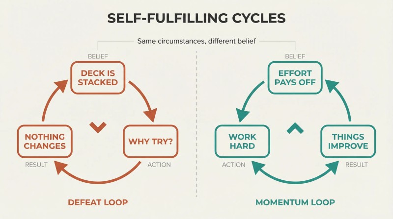 Two contrasting feedback loops showing how pessimistic beliefs lead to inaction and stagnation while optimistic beliefs drive effort and improvement.