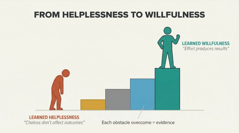 A slumped terracotta silhouette at the base of a four-step ascending staircase rises into an upright teal silhouette at the top, showing how challenges build evidence that transforms helplessness into willfulness.