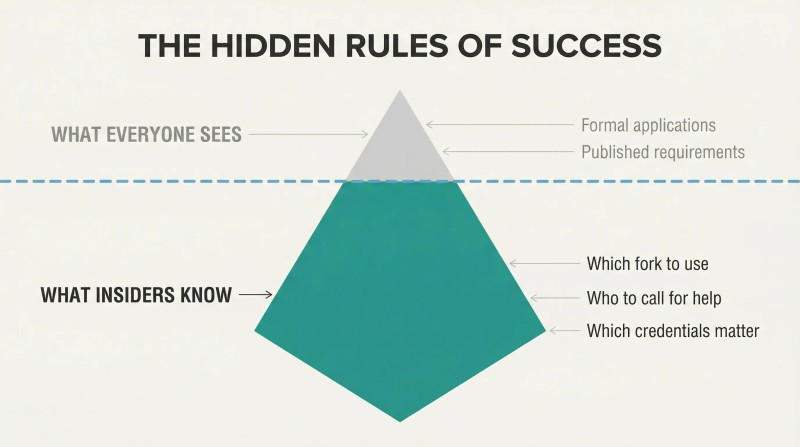 Small gray iceberg tip above a waterline shows formal rules while a massive teal base below reveals hidden social capital knowledge.