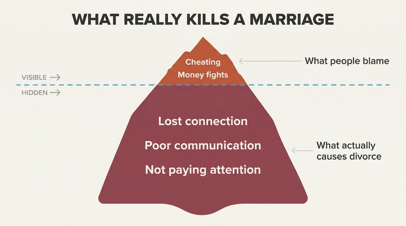 Iceberg diagram showing visible divorce symptoms like cheating and money above the waterline, with deeper root causes like lost connection and poor communication hidden below.