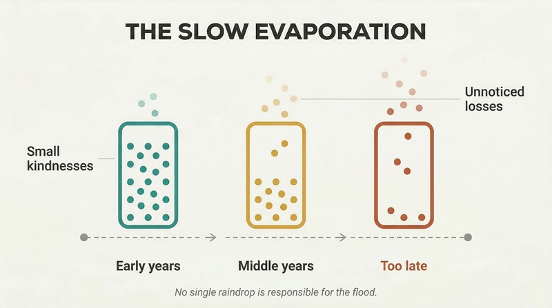 Three vessels shown across a timeline gradually emptying of small dots representing kindnesses, with dots floating upward to show slow, imperceptible loss over time.