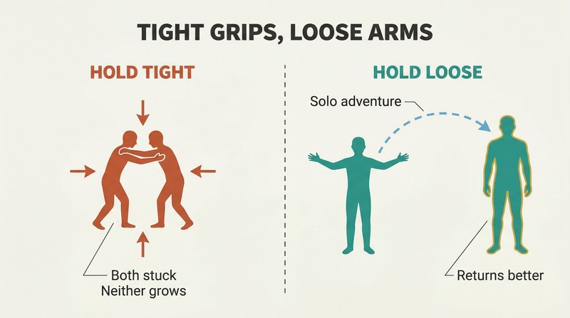 Split panel comparing two figures locked rigidly together on the left versus one figure with open arms welcoming back a larger, improved partner on the right.
