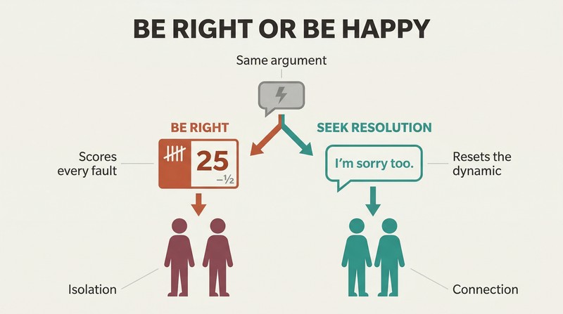 Fork diagram showing how the same conflict splits into two paths — choosing to be right leads to isolation while choosing resolution leads to reconnection.