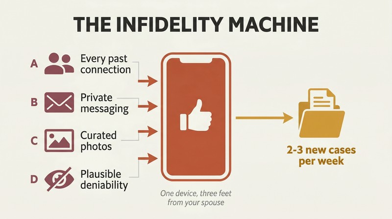 Convergence diagram showing four dangerous ingredients flowing into a smartphone, which outputs divorce case files, illustrating how social media combines infidelity risk factors.