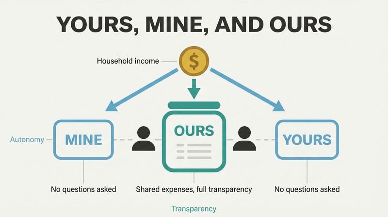 Household income stream splitting into three financial pools — autonomous money on each side and a shared transparent pool in the center between two partner silhouettes.