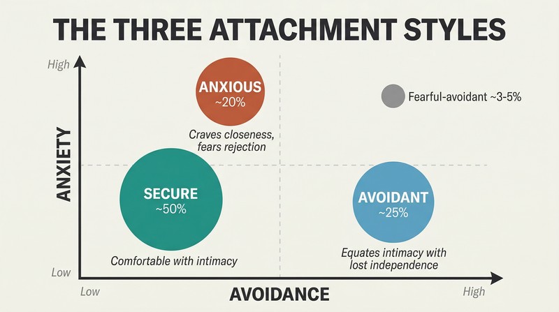 Two-axis matrix mapping anxiety against avoidance, placing secure, anxious, and avoidant styles in three quadrants with proportionally sized circles.