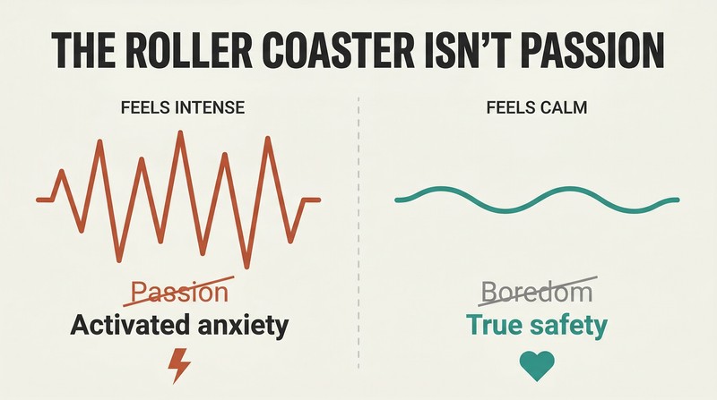 Split panel comparing a volatile zigzag waveform mislabeled as passion against a calm steady line revealed as true love and safety.