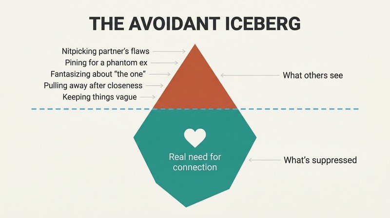 Iceberg diagram showing five deactivating strategies visible above a waterline, with a much larger submerged section representing suppressed attachment needs beneath.