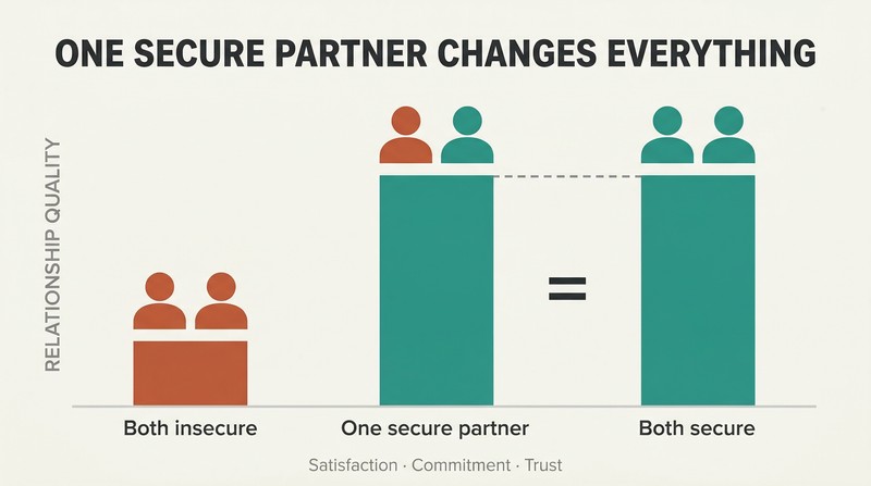 Three couple silhouettes above bars showing that one secure partner produces relationship quality equal to two secure partners, far above two insecure partners.