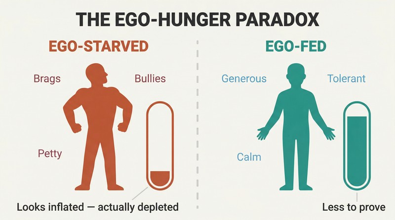 Split panel comparing an ego-starved figure with aggressive posture and near-empty gauge against an ego-fed figure with calm posture and full gauge.