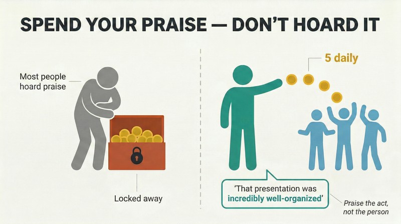 Split panel comparing a figure hoarding gold praise coins in a locked chest against a figure distributing five coins to energized recipients.